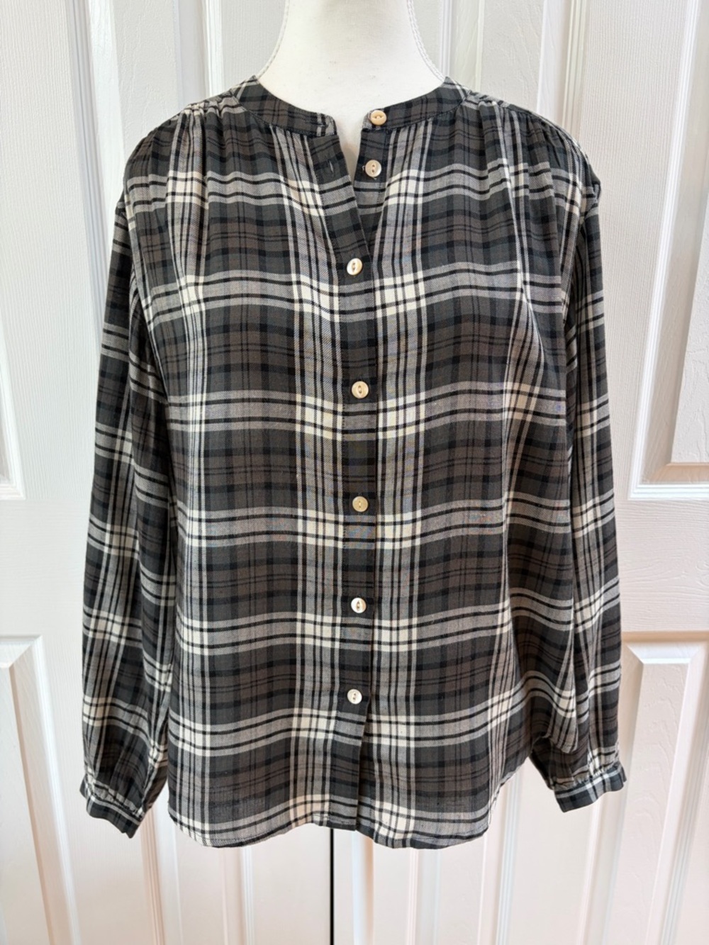 Faherty Drift Timberwood Plaid Long Sleeve Popover Blouse Size Small